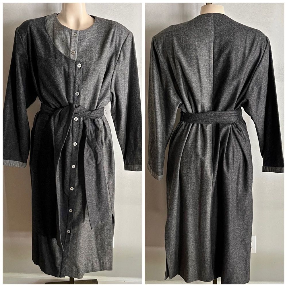 Vintage Oleg Cassini Gray Wool Blend Belted Midi Dress Button Front Sz 14